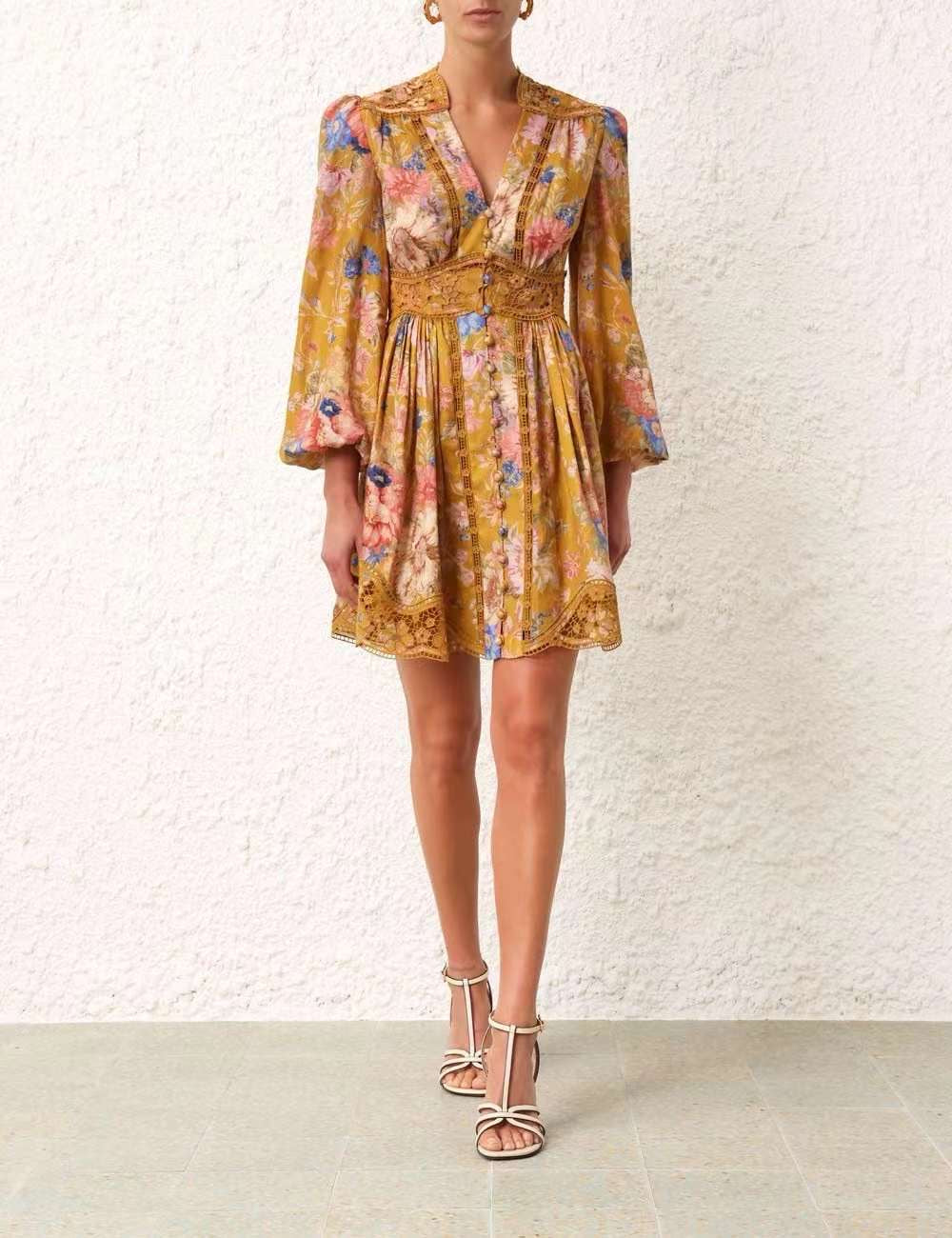The August Plunge Mini Dress in Ivory and Mustard Floral from our Resort Swim 2024 Collection