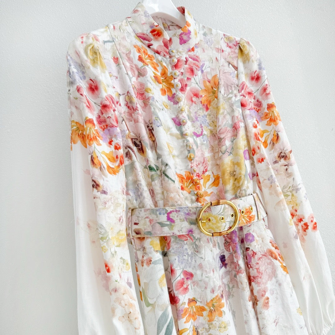 The Natura Buttoned Midi Dress in Kaleidoscope Garden