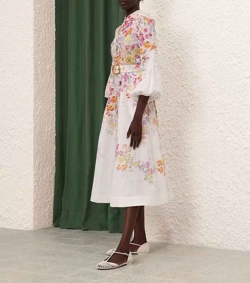 The Natura Buttoned Midi Dress in Kaleidoscope Garden