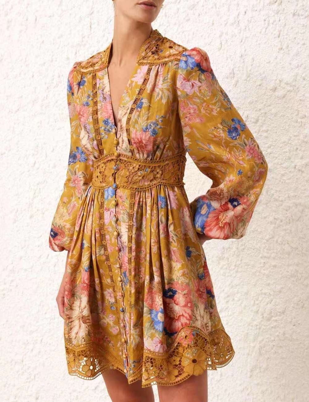 The August Plunge Mini Dress in Ivory and Mustard Floral from our Resort Swim 2024 Collection