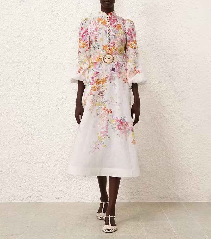 The Natura Buttoned Midi Dress in Kaleidoscope Garden