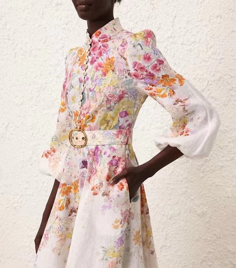 The Natura Buttoned Midi Dress in Kaleidoscope Garden